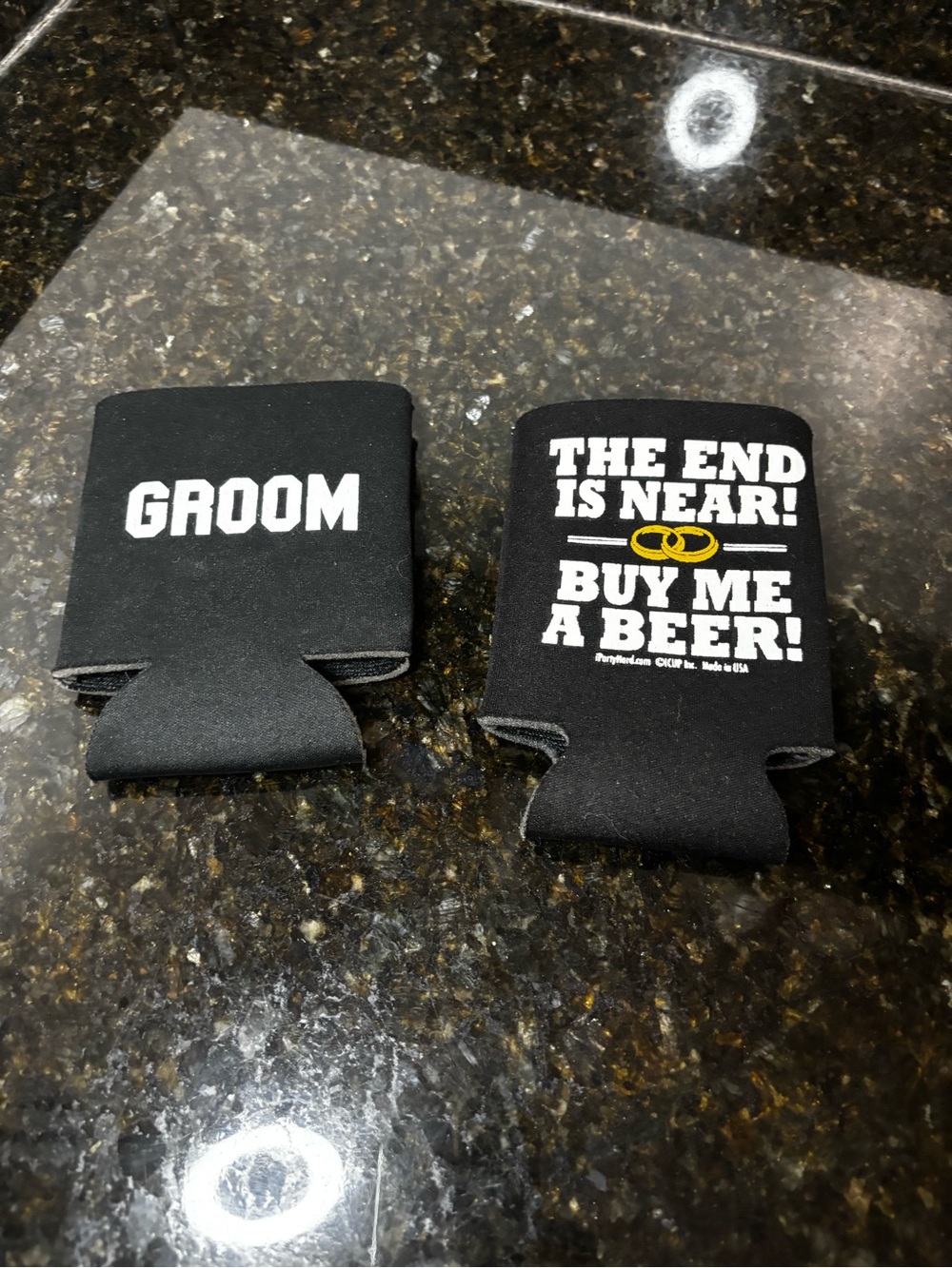 Pair of Black Can Coolers Groom & "The End Is Near! Buy Me A Beer!"